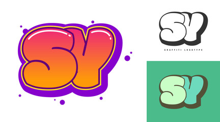 SY logo design for festival or party. Initial letter s and y in graffiti style. Creative modern lettering company name of font typography. Kids trendy logotype or identity.