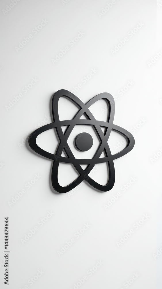 Poster symbolic representation of an atom with a black silhouette on a gray gradient background.