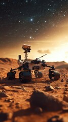 A robotic rover explores the Martian landscape under a starry sky, showcasing advanced technology in a barren setting.