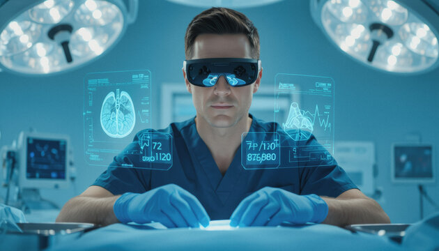 A focused surgeon wearing futuristic AR glasses and surgical scrubs examines a holographic display of anatomical data within a sterile operating room.