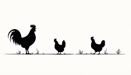Silhouette Family: A minimalist silhouette captures a rooster with its hens, grazing in the grass and representing a simple farm scene, promoting a sense of rural life and natural tranquility.