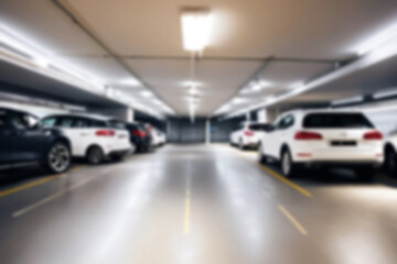 underground garage blur, showing a large mall car park, slightly dark lighting without people, blur parking theme
