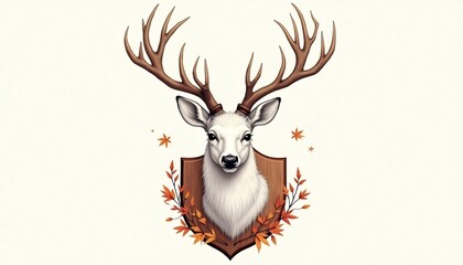 Deer Trophy Illustration: Majestic deer trophy with impressive antlers and autumnal leaves. Illustrating a symbol of nature and hunting with elegance.