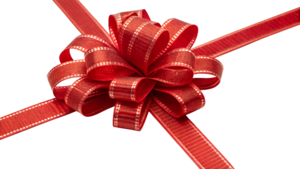 Close-up of a Red Ribbon Bow with White Dotted Lines on Black Background