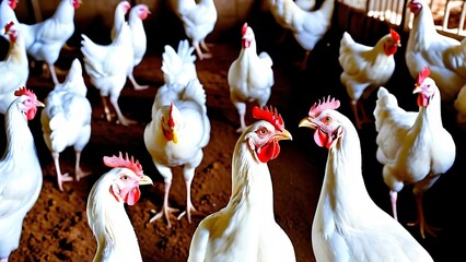 Chickens in a commercial poultry farm , poultryfarming, agriculture, birds, coop, livestock, feathers, barn, animal, hen, eggs, meat, rural, domestic, fowl, hatchery, indoor, commercial, industry