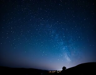 Obraz premium Starry night sky over silhouette landscape, glowing milky way in dark night, cosmic view above peaceful horizon, celestial, twinkle, light, glow, deep, blue, cosmic, serene, peaceful, dream, quiet