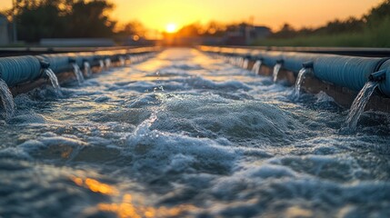 Irrigation channel at sunset. Water flowing through a lined canal