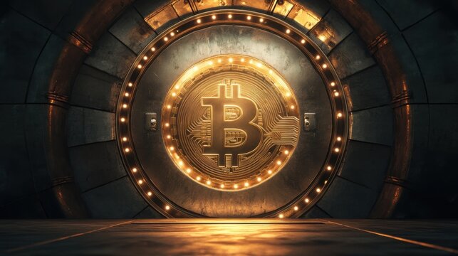 Golden vault door with a bitcoin symbol securing a cryptocurrency investment