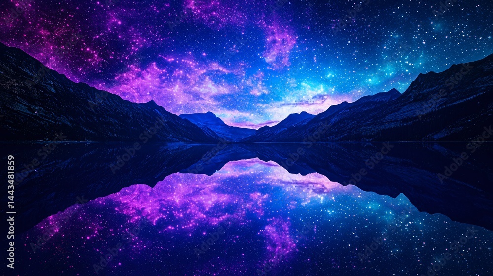 Poster serene mountain lake with perfect reflection captured in cosmic space setting highlighting glowing h