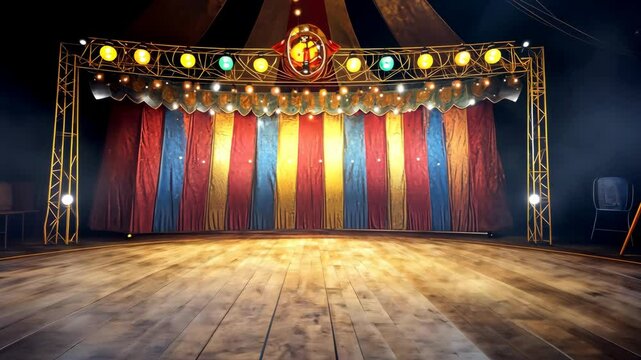 Vibrant circus stage lights illuminate empty performance arena for event showcase. World Circus Day