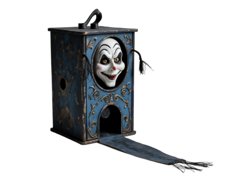 Sinister Surprise, A Creepy Clown Jack-in-the-Box Emerges from its Enclosure in a Chilling Isolated Composition that Evokes Fear and Intrigue