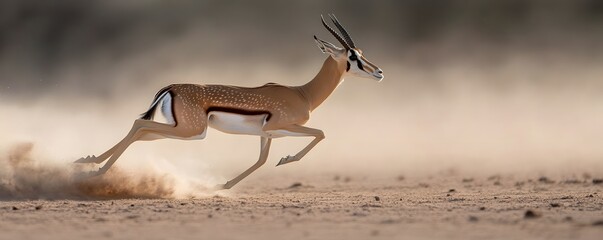 Springbok antelope running rapidly across the arid landscape
