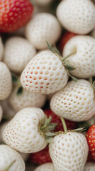 Freshly harvested white strawberries mixed with red strawberries in a vibrant display at a local farmers market during summer