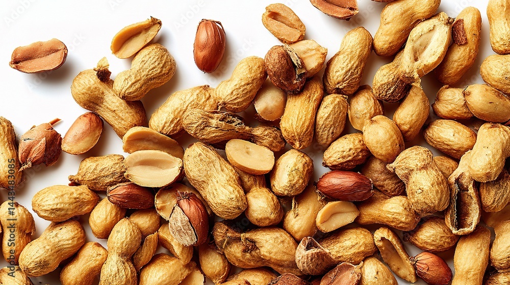 Poster peanuts in shells and unshelled nuts on white background