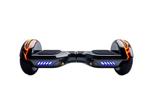 Sleek hi-tech hoverboard with vibrant energy trails and illuminating led lights, showcasing futuristic design and innovative personal mobility technology