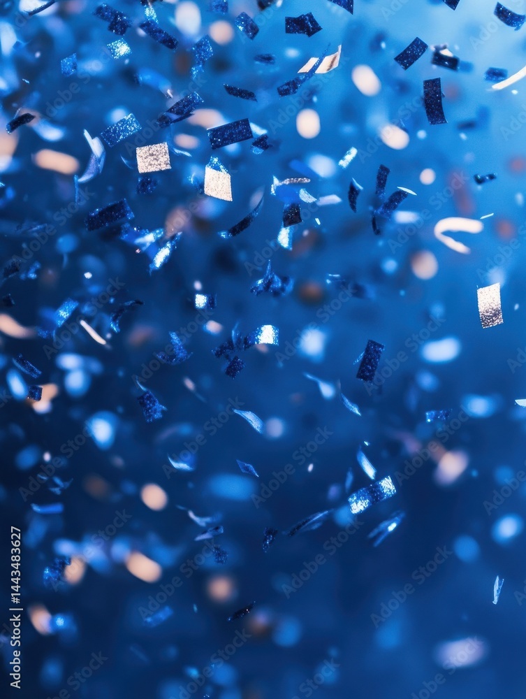 Poster blue confetti falling on a blue background with bokeh and copy space for design.