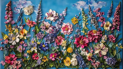 Vibrant Floral Artwork with Colorful Flowers and Bright Sky Background