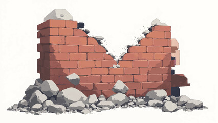 Ruined brick wall isolated on white background. Broken brick wall. Crumbling brick wall. Vector illustration.