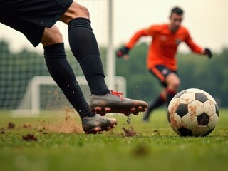 A close-up of a football player mid-kick, the ball compressing against their foot, mud flying off the ground as the goalkeeper