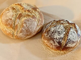 Two loaves of bread with a lot of flour on them