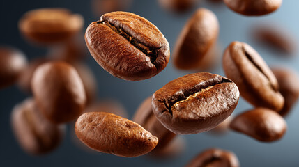 Fototapeta premium Close-Up of Coffee Beans in Mid-Air with Blue Background