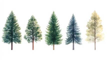 Five Watercolor Trees: A Botanical Illustration of Diverse Conifers