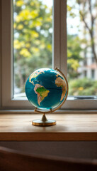 Photorealistic globe on wooden table near window with soft natural light and tranquil mood.

