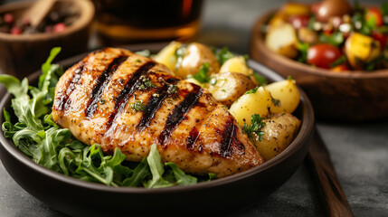 Grilled Chicken Cutlets Served with Baby Potatoes and Fresh Salad in Rustic Bowl