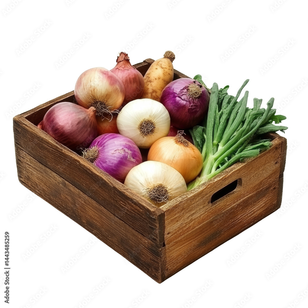 Poster wooden crate filled with assorted onions, scallions and root vegetables on a transparent background