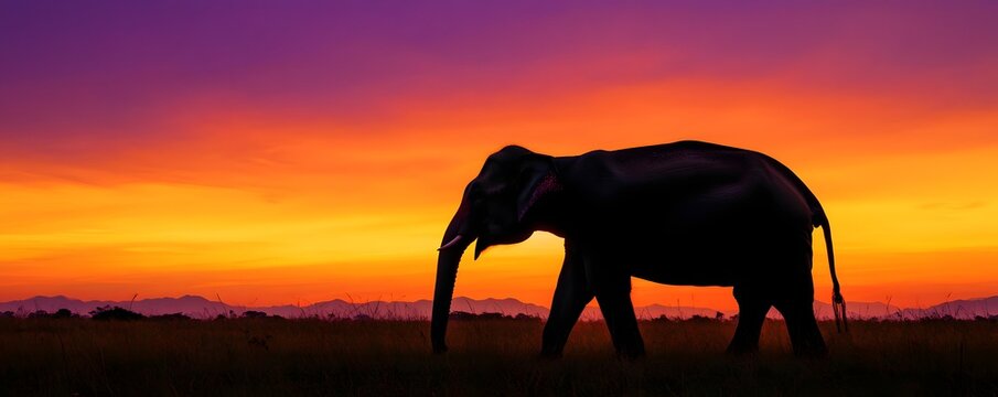 Majestic elephant silhouette walks gracefully across the vibrant sunset landscape
