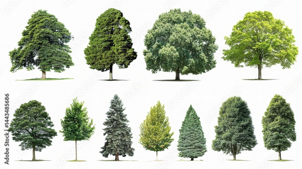 Poster diverse collection of isolated trees displaying varied shapes and colors