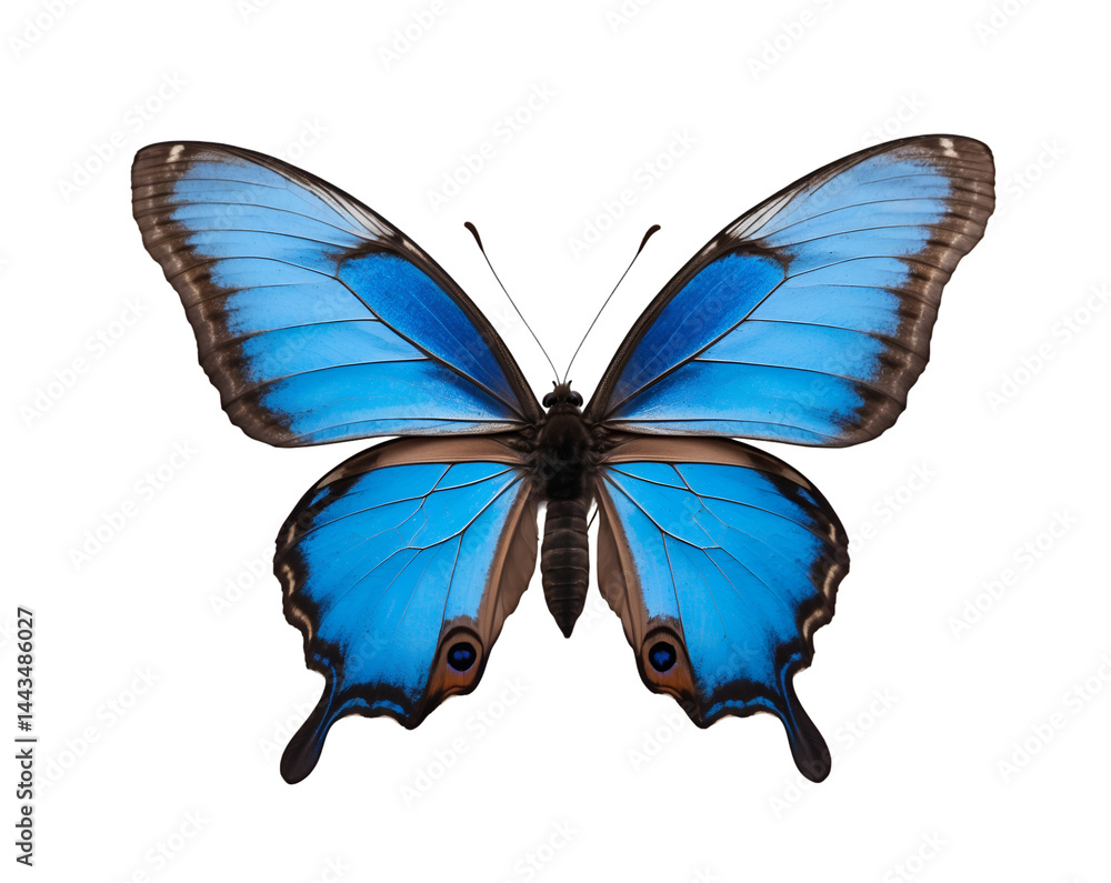 Poster striking blue morpho butterfly displaying symmetrical wing pattern on a smooth backdrop, a symbol of