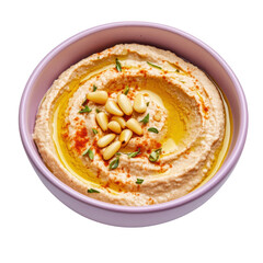 Hummus bowl with pine nuts on transparent background