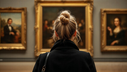 Woman with blonde bun viewing classic paintings in softly lit art gallery.


