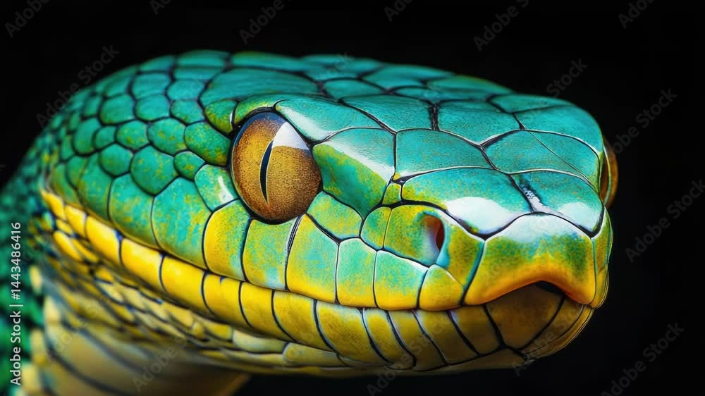Poster close-up of a green snake's head showing its facial features and texture