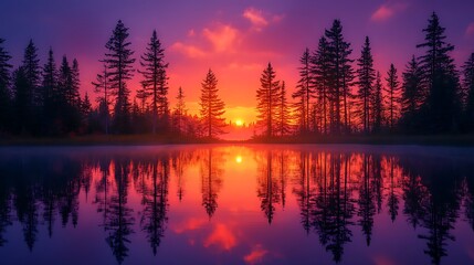 Obraz premium Sunset lake trees calm serene high resolution hd photo