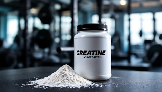 Studio shot of "Creatine Monohydrate" jar next to white powder, set in a gym environment.

