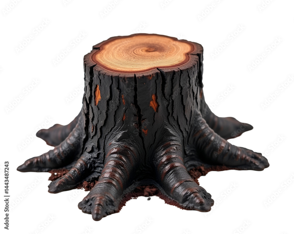 Poster striking image of a burnt tree trunk with distinct charred bark standing tall on a plain, illustrati