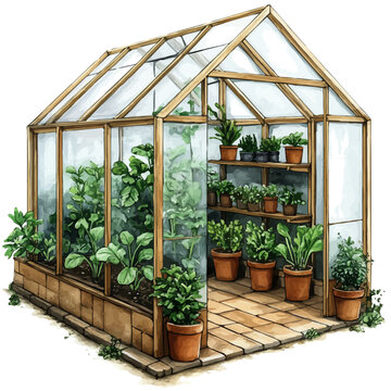 recommend clip art: illustration of Small Greenhouse With Potted Vegetables, watercolor vector, isolated on a white background.
