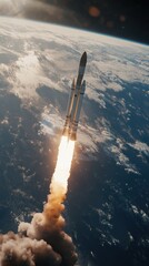 A majestic rocket launching into space from Earth, surrounded by clouds and the dark expanse of the universe.