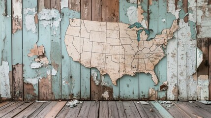 A wooden wall with a painted map of the United States, featuring a vintage and rustic style. The map is detailed with state outlines and a muted color palette, giving it an aged appearance.