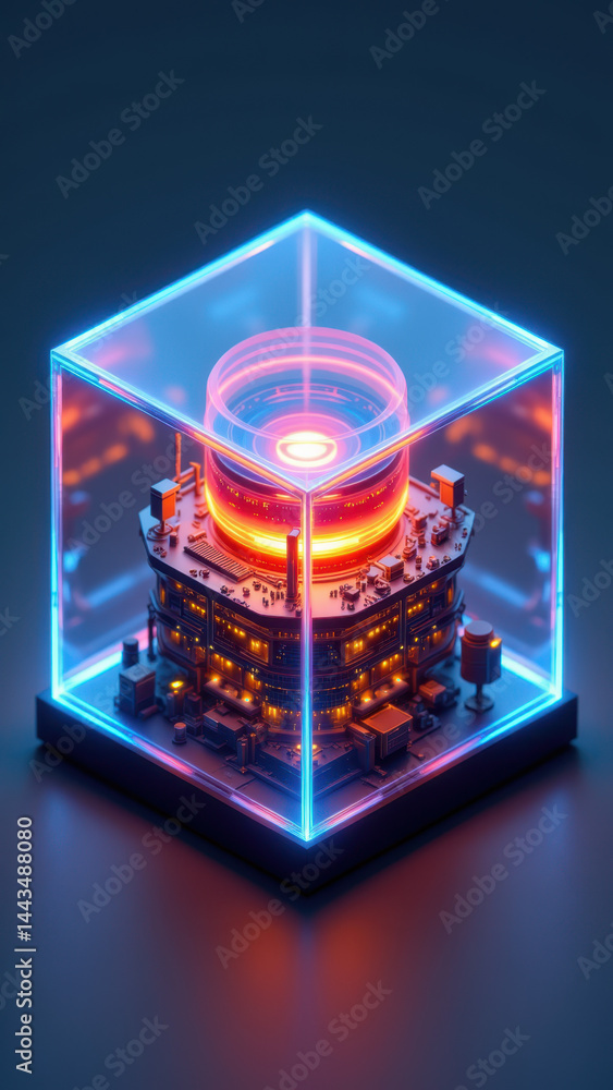 Poster atomic structure with a neon glow inside a cube.