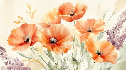 10.A light and airy watercolor illustration of blooming flowers, such as poppies and lilacs, on a plain, neutral background. The petals are painted with fluid brushstrokes, giving the flowers an