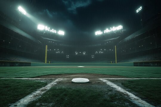 A dramatic, empty baseball field under ominous rain clouds and stadium lights, creating a moody atmosphere.