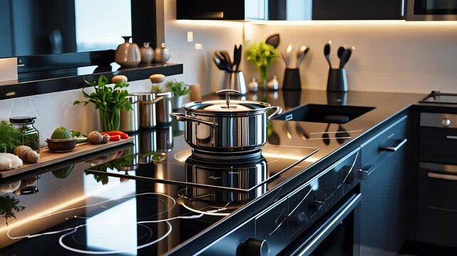 Sleek modern kitchen interior with cookware neatly arranged on black countertop