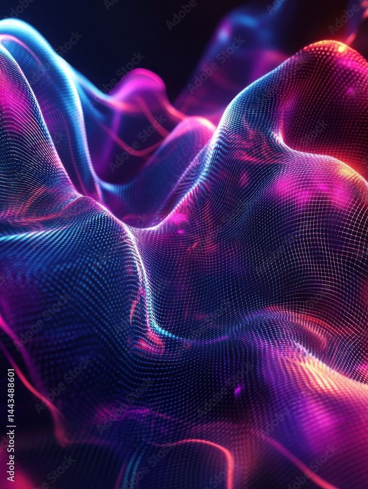 Poster neon wave patterns with a glowing effect creating a dynamic, futuristic background