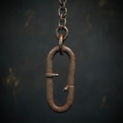 Obraz premium Close-up of a rusty metal carabiner hanging from a chain, showcasing its weathered texture.