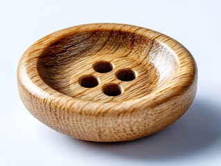 Close-up of a light brown, wooden button with four holes. Shallow depth of field