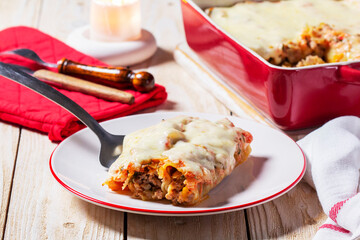 Cannellone with meat filling, tomato sauce and cheese on a light wooden table.