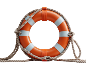 Strikingly vibrant lifebuoy with rope, expertly isolated on a plain white canvas, showcasing its readiness and lifeline significance, ideal for safety and maritime themes